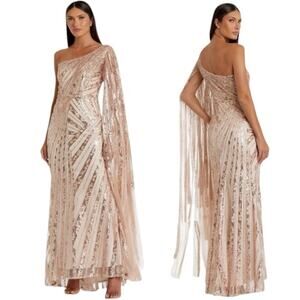 Mac Duggal Rose Gold One Shoulder Cape Sleeve Embellished Gown Sz 16 #20528 NWOT
